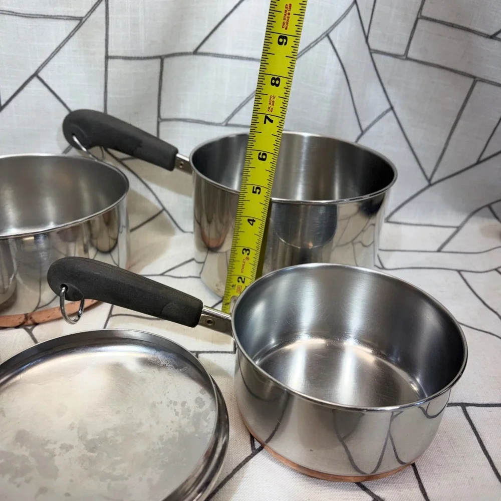 Revere Ware Saucepan Set 7 Piece Silver Copper Bottom Stainless Steel USA Made